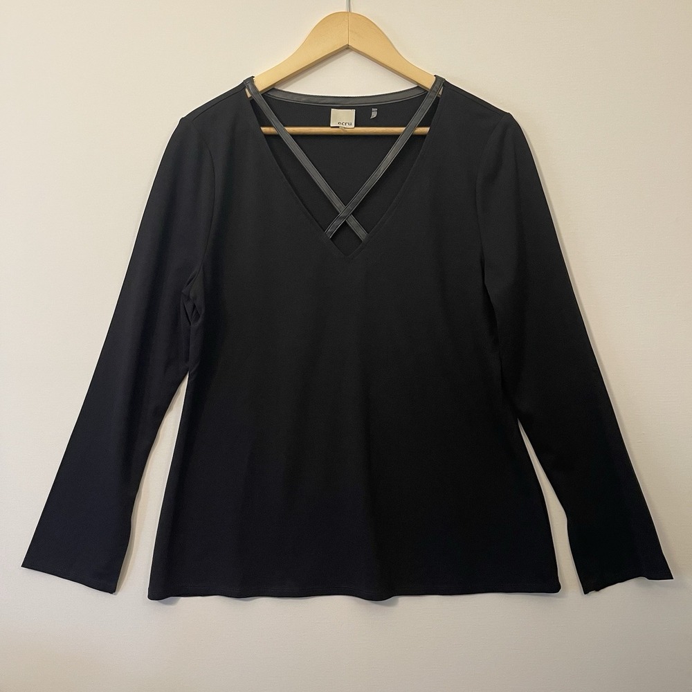 Ecru Cross Chest Top Faux Leather Trim Split Hem Sleeve Baddie Whimsygoth Size L